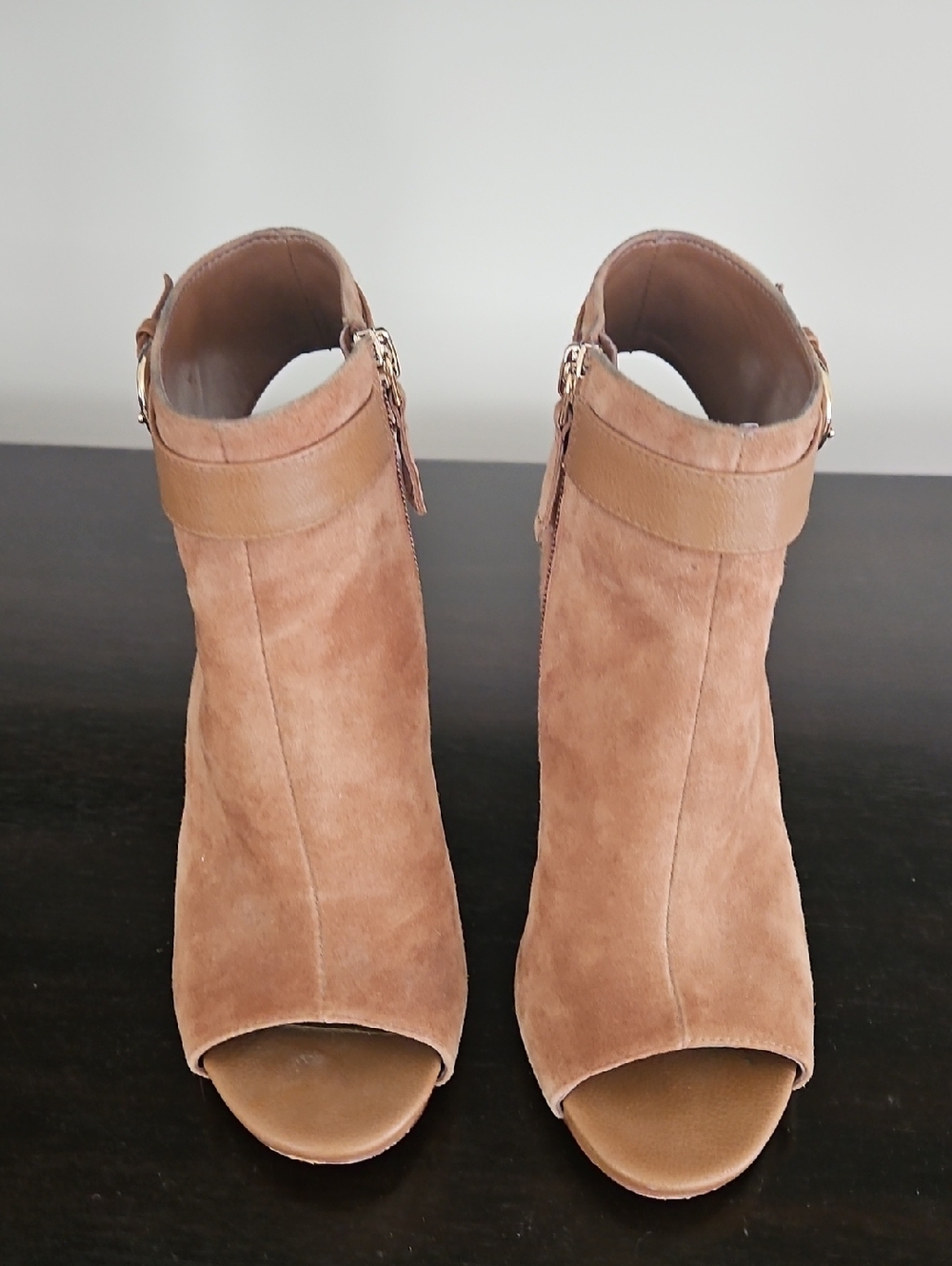White House Black Market Tan Suede Open-Toe Ankle Mules